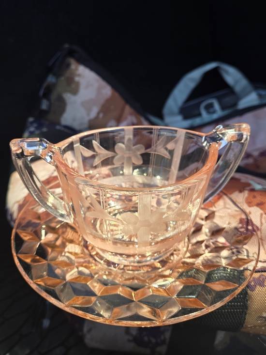 Other - Vintage Pink Etched Glass Creamer and Saucer Set